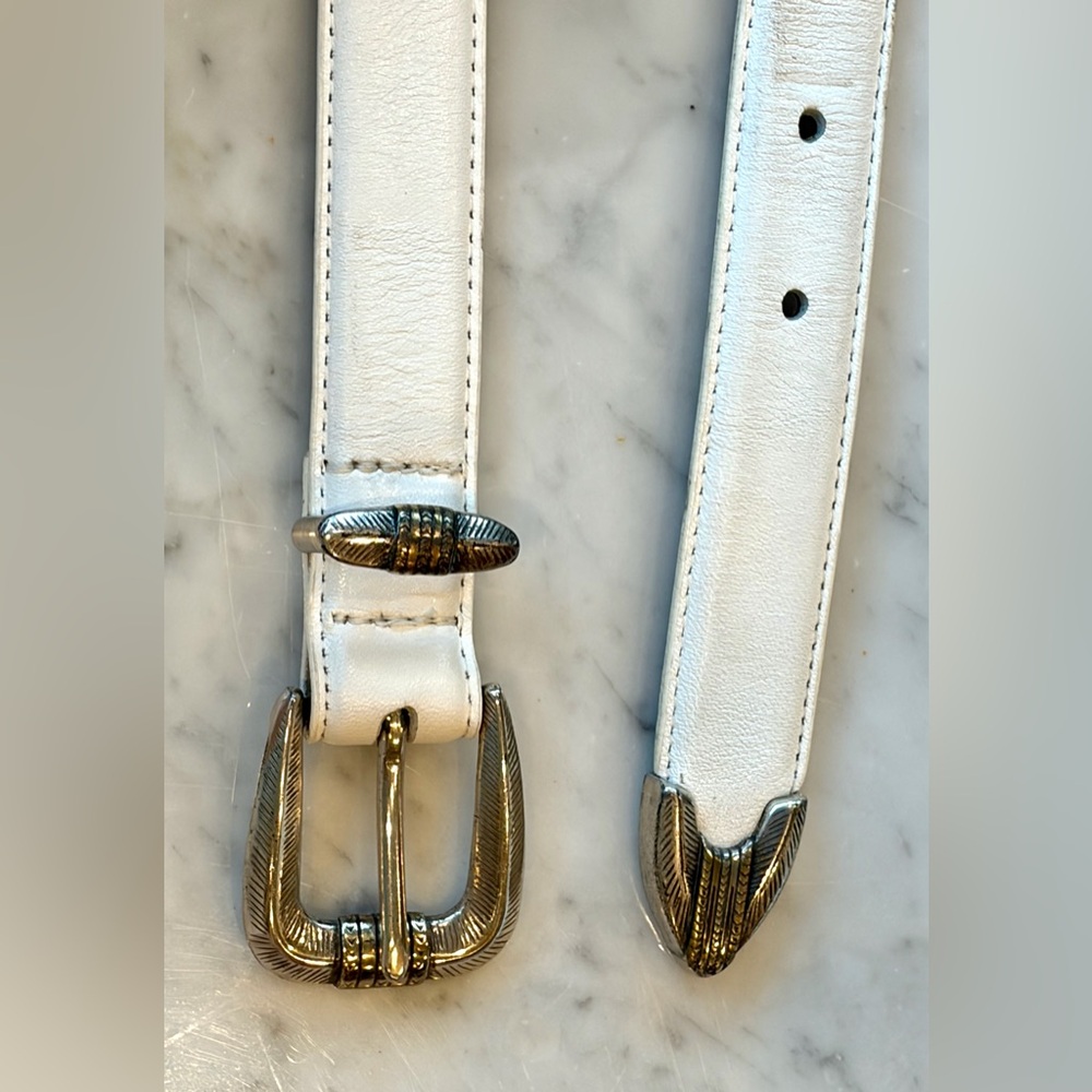 Vintage Leather Belt, Antiqued Silver Buckle & tip, southwestern style, white, S - Picture 5 of 9